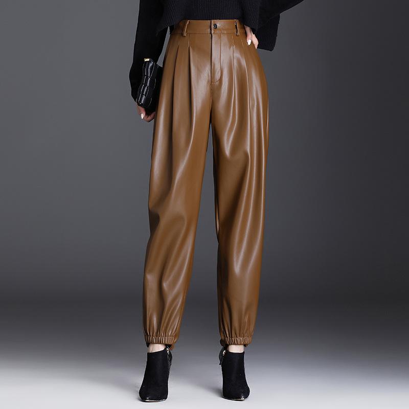 パンツ レディース 秋冬 ハーレムパンツ ポリエステル 高見え 厚手 黒 ブラック ブラウン 茶色 ゆったり ハイウエスト 伸縮性 韓国風 カジュアル 普段使い