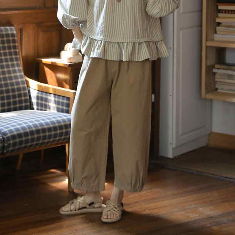 パンツ レディース 春夏 リラックス ハーレムパンツ 綿混紡 レトロ ゆったり ハイウエスト 9分丈 バルーンパンツ カーキ