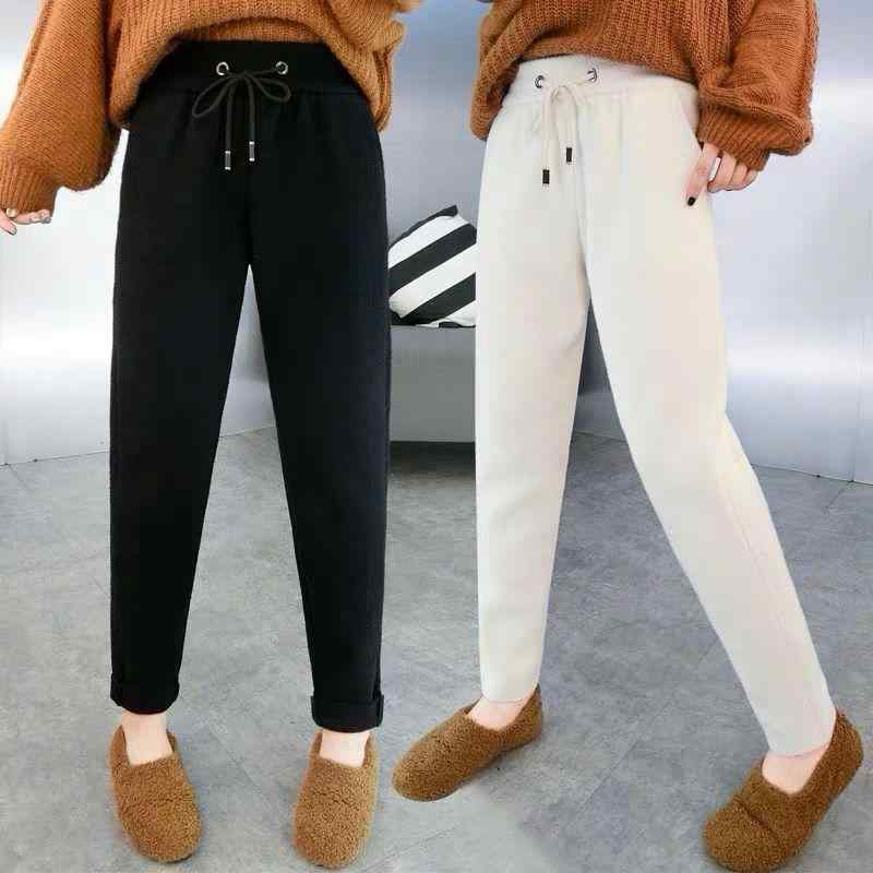 パンツ レディース 秋冬 ニットパンツ ハーレムパンツ 九分丈 厚手 ウール混 テーパードパンツ ニードルパンツ リブニットパンツ ブラック オフホワイト ハイウエスト 伸縮性