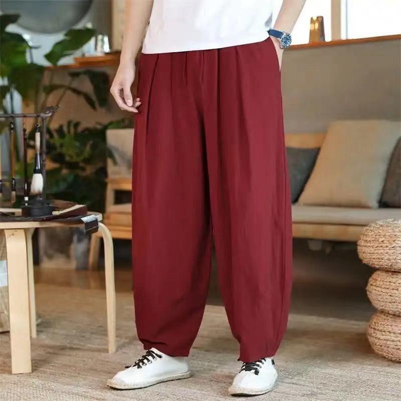 パンツ 男性用 コットンリネン 太極拳 ズボン ワイドレッグ サルエルパンツ 高 Elastic ウエスト 無地 カジュアル リラックス 春