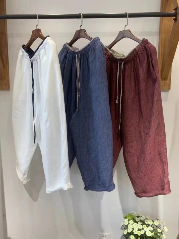 パンツ レディース リネン ハーレムパンツ 春夏 切り替え ウエストゴム 9分丈 ゆったり リラックス レトロ アート 普段使い