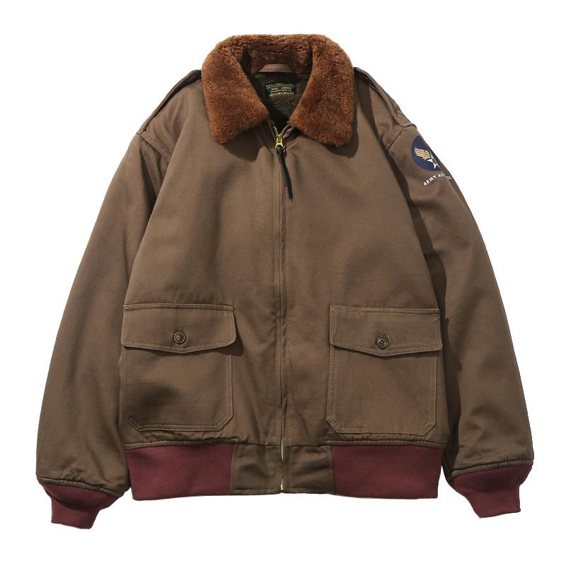 フライトジャケット 男性用 ボンバージャケット コットン 羊毛 裏起毛 ルーズ 厚手 ワークジャケット ショート丈 防寒 軍緑色 褐色