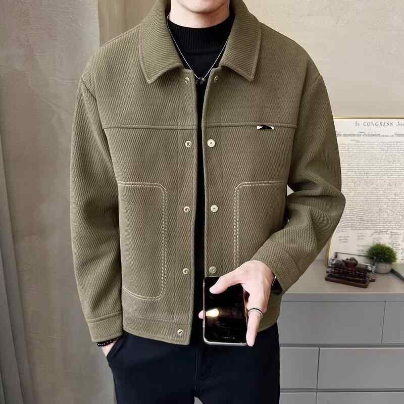 ジャケット 男性用 ブルゾン 秋冬 大襟 ビジネス カジュアル ゆったり 厚手 アウター ポケット 飾り 黒 緑 ポリエステル