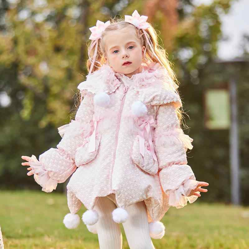 赤ちゃん服 ガールズ 落ちこむ上衣 愛くるしげ 中綿 秋冬 白ダックダウン アウター 厚地の外套 御姉さん キッズ 中長丈 ボンネット付き添い人 90% 撥水 防寒 サクラ色系