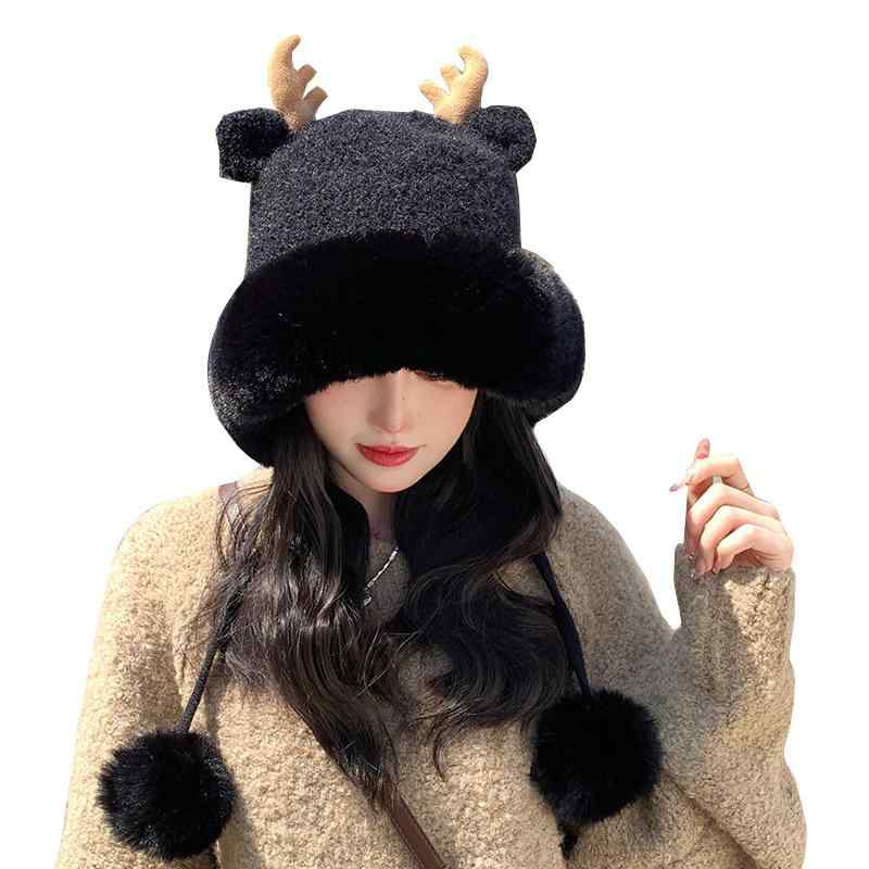 ニット帽 レディース 秋冬 防寒 暖かい かわいい 鹿の角 ボンボン付き ビーニー 韓国 ファッション おしゃれ 小顔効果 アウトドア スキー スノボ 旅行 ベージュ カーキ ブラック ピンク ホワイト グレー