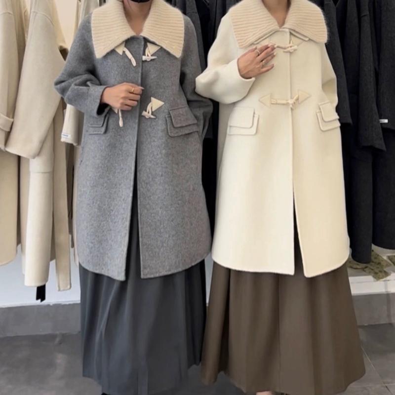 コート レディース 秋冬 牛角ボタン 高級感 ウール ダブルフェイス ミドル丈 アイボリー ピンク系 小柄 厚手 かわいい 暖かい ポケット