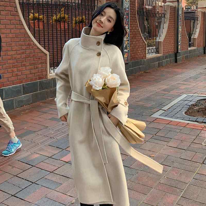 コート レディース 秋冬 女性用 アルパカ ウール ロング丈 ゆったり 立襟 無地 ベルト付き カジュアル 韓国風 ミルクホワイト キャメル パープル ココア ブラック S M L 通勤着 普段使い｜Tanzan