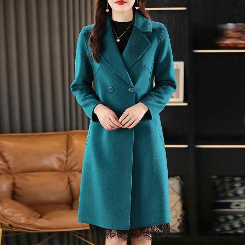 コート レディース 秋冬 ウール ロング丈 ダブルフェイス 韓国風 きれいめ 厚手 無地 スリムフィット S M L XL XXL ココア色 孔雀グリーン キャメル フランスレッド ブラック｜Tanzan