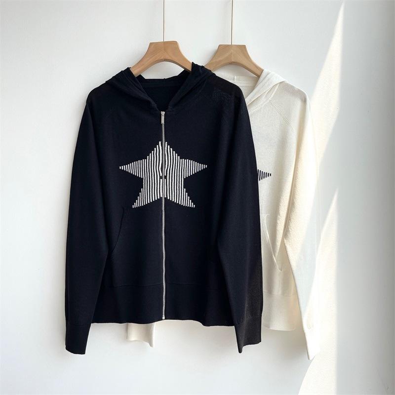 パーカー レディース 長袖 リネン カーディガン ニット 薄手 トップス カジュアル ゆったり スター 星柄 冷房対策 通勤 ブラック ホワイト S M L