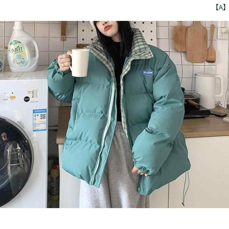 綿入りジャンパー レディース チェッカー柄 スタンドカラー ストリート風 学生 防風 ゆったり シルク綿 ポリエステル 厚手 超長袖 アウター 緑 黒 オフホワイト