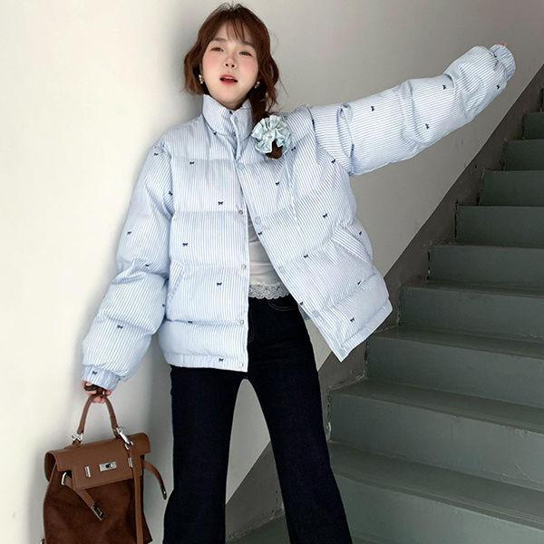 コート レディース 韓国風 レトロ ショート丈 蝶結び ストライプ柄 プリント 中綿 ジャケット ゆったり 厚手 冬 ブルー かわいい カジュアル