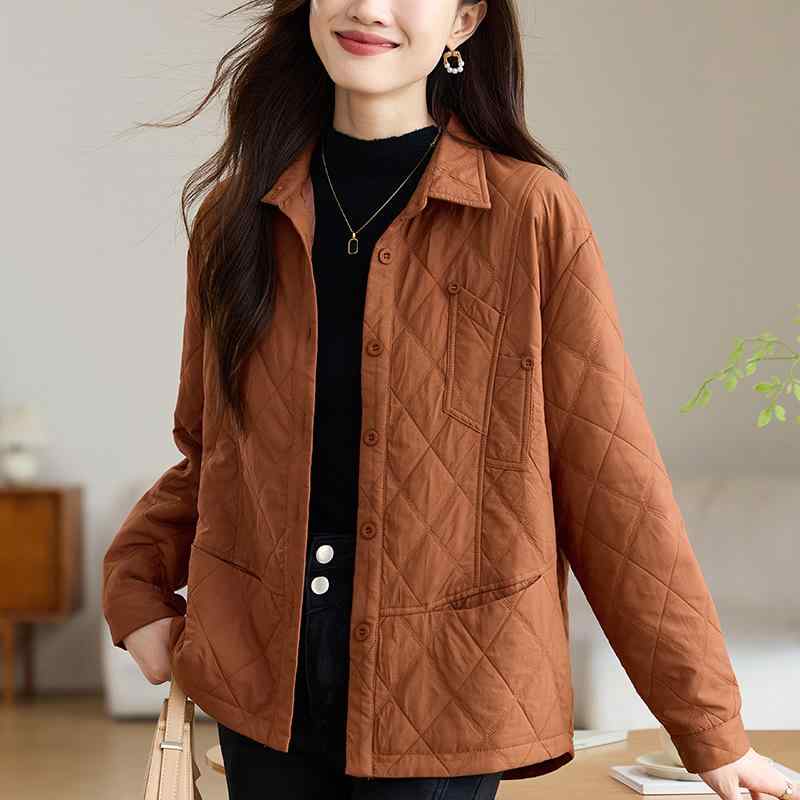 ジャケット レディース 秋冬 格子柄 コットン 中綿 厚手 ミドル丈 アウター 婦人服 ミセス ゆったり カジュアル 普段使い 通勤着 40代 50代 60代 オレンジ系 コーヒー色｜Tanzan