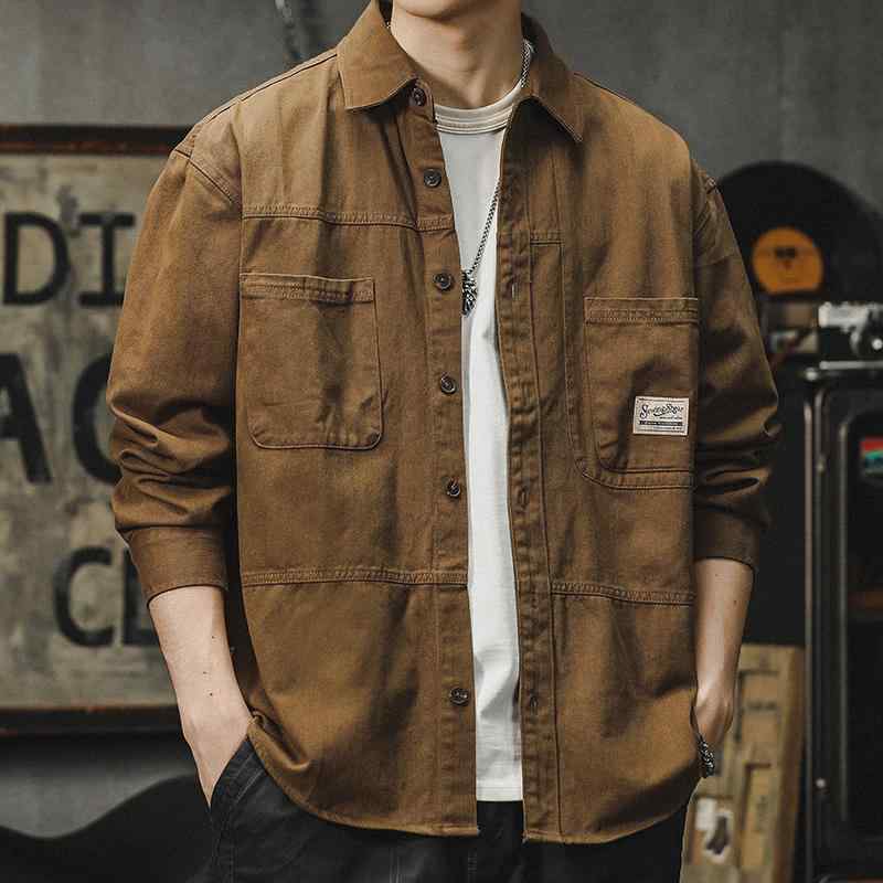 シャツ メンズ 男性用 ワークシャツ ジャケット 春秋 長袖 コットン混紡 ゆったり レトロ カジュアル 無地 ミリタリー 深カーキ アーミーグリーン ブラック オフホワイト