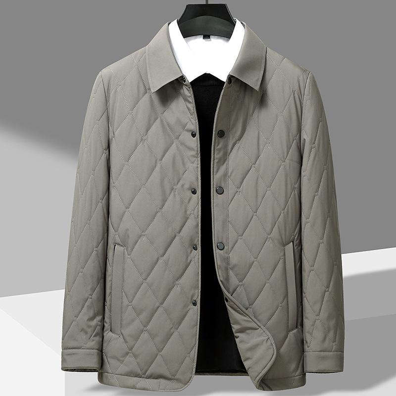 綿入りシャツジャケット 男性用 紳士服 ライトアウター ビジネス 秋冬 ポリエステル 中綿入り 菱形模様 キルティング 襟付き フロントボタン ミドル丈 ポケット付き 防寒 保温 ダークブルー ブルー カーキ