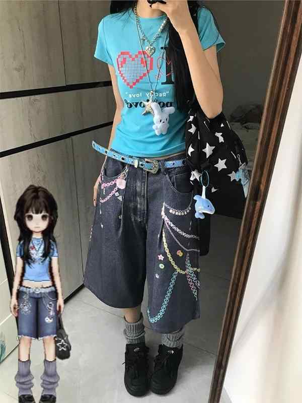 デニム レディース ハーフパンツ ジーンズ ショートパンツ ワイド 高腰 プリント ゆったり ストリート カジュアル 普段使い 5分丈 7分丈 ジーパン キュロット デニムブルー