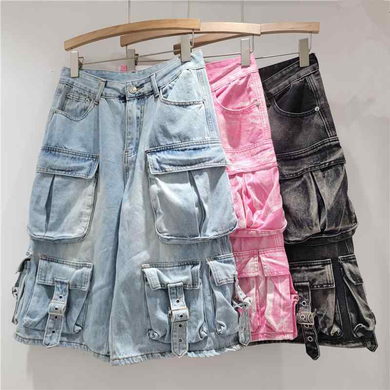 デニム レディース ショートパンツ 多ポケット ウォッシュ加工 7分丈 ワイドレッグ ワークパンツ キュロットパンツ ハーフパンツ 普段使い ストリート ブルー ブラック ピンク系 ホワイト