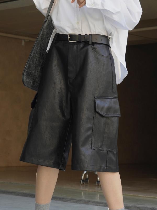 パンツ レディース 春夏 PUレザー ワイド キュロット ハーフパンツ 高見え 高見え 普段使い ゆったり ブラック ブラウン系