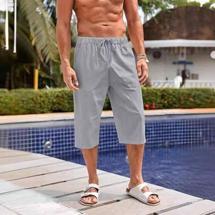 ハーフパンツ メンズ 男性用 7分丈 ワイドレッグ イージーパンツ 接触冷感 吸湿速乾 部屋着 普段使い アウトドア ブラック グレー 杏色 スカイブルー ホワイト カーキ色 綿 麻
