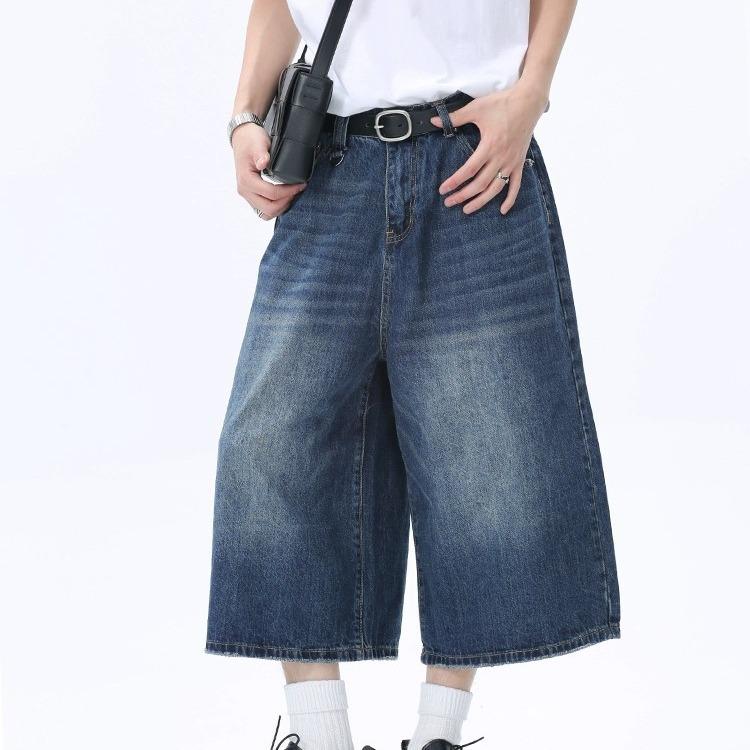 デニム メンズ ハーフパンツ 水洗い加工 ストレート バギーパンツ 7分丈パンツ ジーパン ウォッシュド デニムパンツ 普段使い