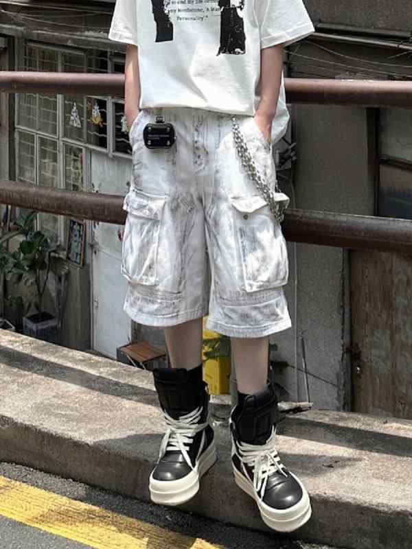 デニム メンズ ハーフパンツ ダメージ加工 ワークパンツ ゆったり 短パン 7分丈 アメカジ カーゴパンツ ミリタリー カーキ