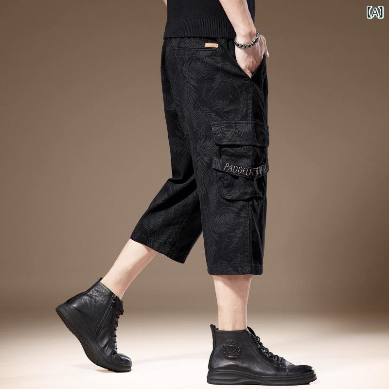 ハーフパンツ メンズ 男性用 綿 黒 ブラック 迷彩柄 カモフラージュ柄 カーゴパンツ 7分丈 ゆったり 大きめサイズ ワークパンツ ミリタリー 春夏