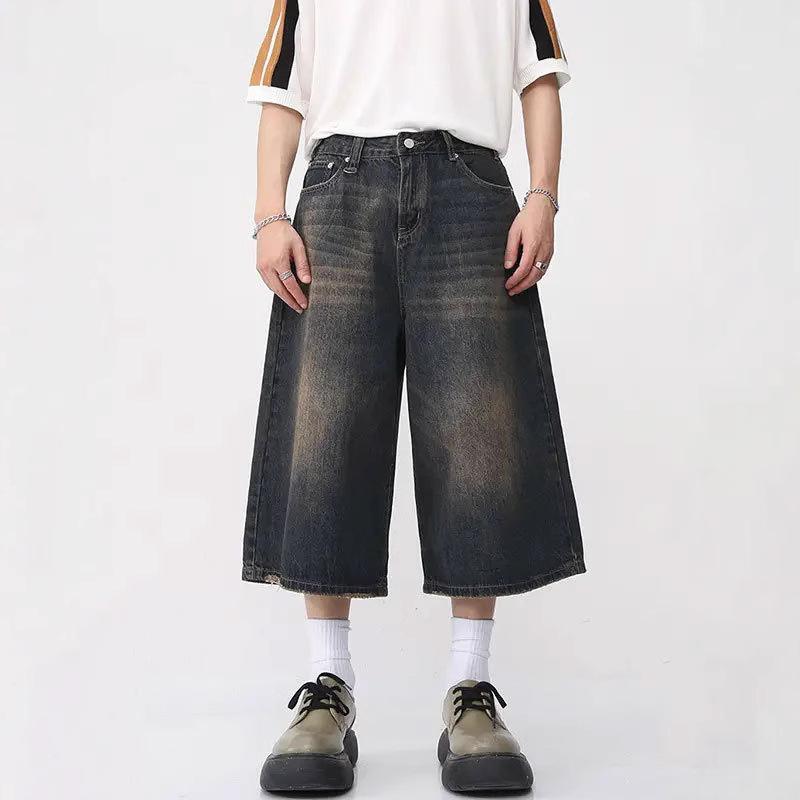 デニム メンズ 七分丈パンツ 男性用 ワイドレッグ ストレート ヴィンテージ風 ゆったり 黒グレー 懐旧ブルー ダークブルー