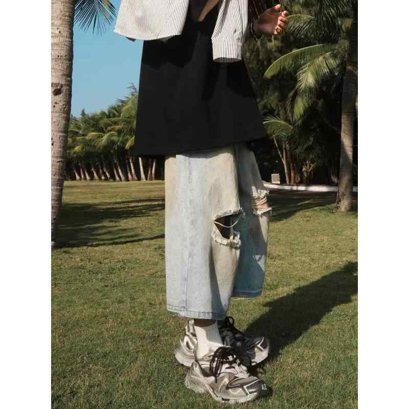 デニム メンズ ハーフパンツ アメカジ ウォッシュド加工 ストレート 7分丈パンツ ジーパン ズボン ボトムス ゆったり 普段使い