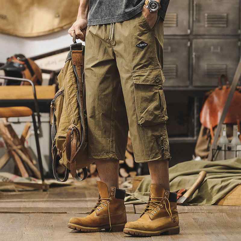 ハーフパンツ メンズ 男性用 カーゴパンツ アウトドア ワークパンツ 薄手 速乾 7分丈 カーキ ブラウン ゆったり 普段使い 作業着