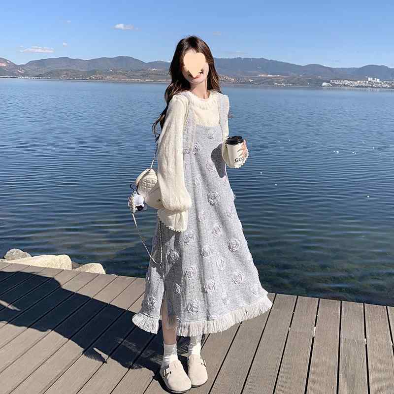 ワンピース レディース 春 上下セット 立体フラワー ノースリーブ ミディ丈 Aライン チュニック 長袖 トップス アンサンブル セットアップ きれいめ かわいい フェミニン お呼ばれ｜Tanzan