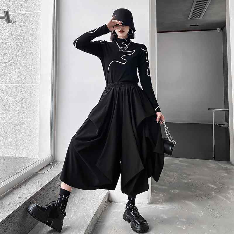 パンツ レディース 不規則 ハーレムパンツ ポリエステル 7分丈 街頭風 普段使い ゆったり ウエストゴム 黒