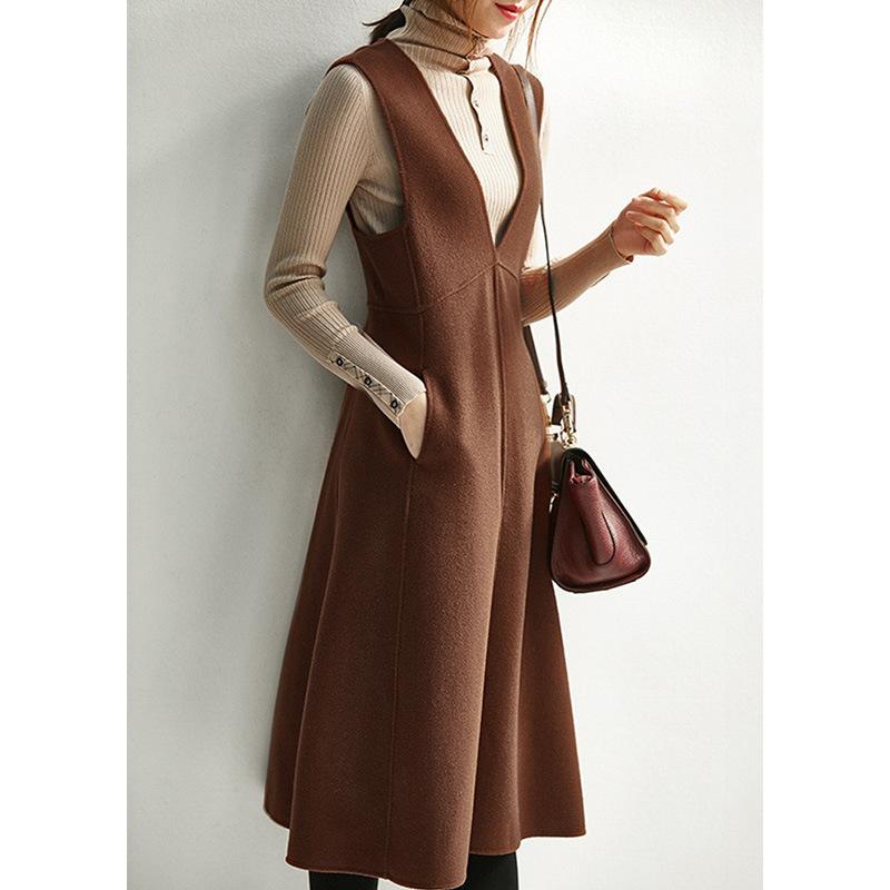 ワンピース レディース 秋冬 Vネック ジャンパースカート 高腰 ミモレ丈 Aライン 無地 きれいめ 上品 かわいい ポリエステル ウール ブラック ブラウン