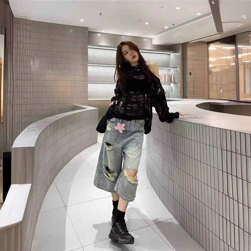 ジーンズ レディース ダメージ加工 高腰 ストレート 7分丈 デニムパンツ ゆったり ウォッシュド加工 カジュアル ジーパン ヴィンテージ風 アメカジ ブルー