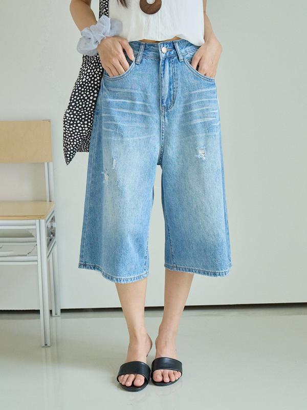 デニム レディース 水色 デニムパンツ ジーンズ ジーパン ワイドパンツ ハイウエスト 7分丈 ゆったり ?腿パンツ 春夏 カジュアル かわいい 綿
