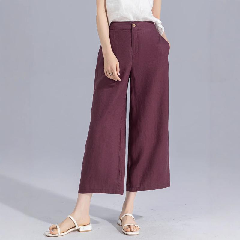 パンツ レディース 七分丈 亜麻 リネン 再生繊維 ワイドレッグパンツ ゆったり ストレート 高見え 紫 紺 薄手 春夏 カジュアル