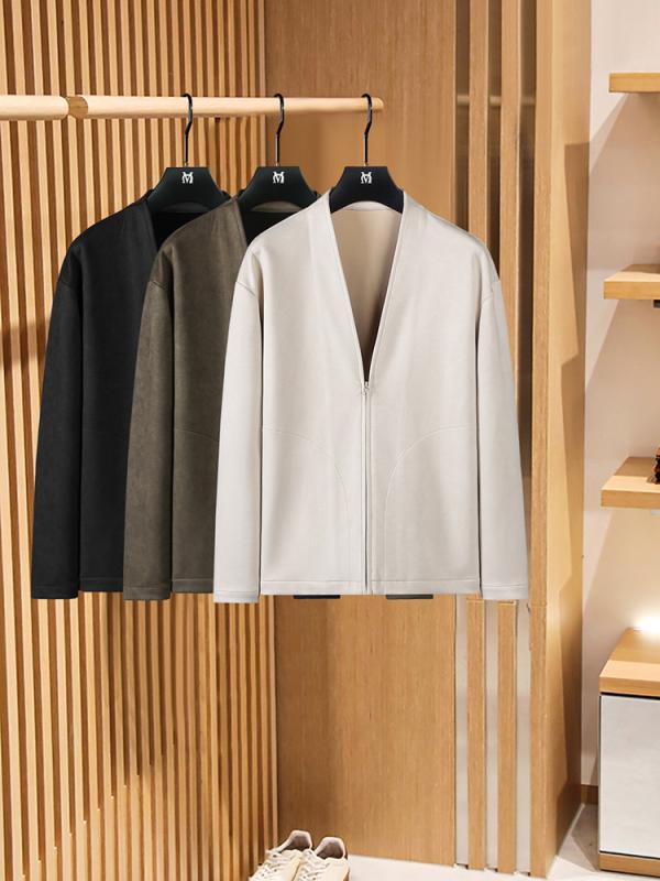 ジャケット 男性用 レトロ オープンフロント ブルゾン ゆったり カジュアル ハーフジップ スエード調 M L XL XXL 3XL 4XL ブラック ベージュ ブラウン