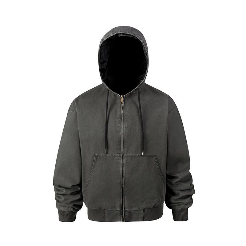 ジャケット 男性用 ヴィンテージ ウォッシュ加工 コットンブレンド ジップアップ パーカー 灰色 耐摩耗性 ファッション アーバン カジュアル スタイル 長袖 トップス 春秋
