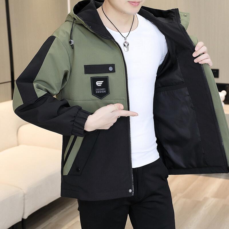 ジャケット 男性用 ブルゾン 春秋 薄手 接触冷感 撥水 防風 フード付き 配色 切り替え ミリタリー カジュアル ゆったり リラックス おしゃれ 日常 普段使い アウター ジャンパー 黒 ブラック 緑 グリーン ベージュ カーキ M L XL 2XL