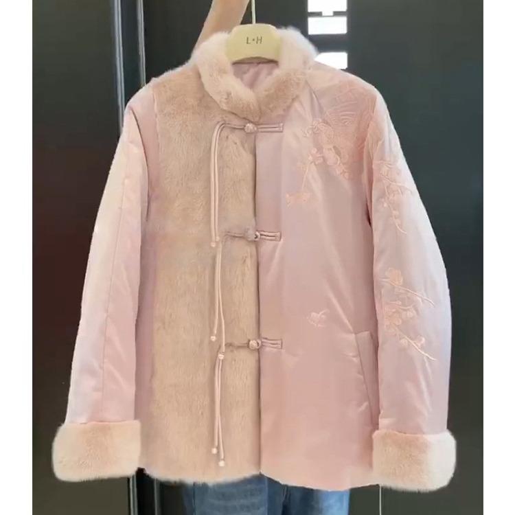 綿入りジャケット レディース 新中式 チャイナ風 ピンク系 花柄 厚手 文芸風 レトロ ポリエステル