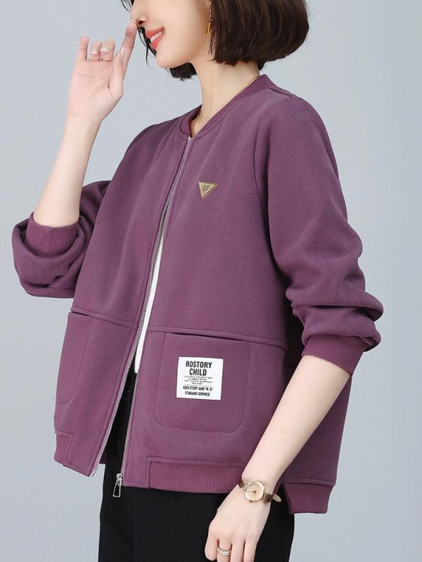ジャケット レディース ミセス 春秋 ブルゾン ゆったり ショート丈 カジュアル スポーツ 無地 長袖 婦人服 オレンジ 紫