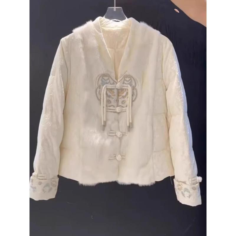 綿入りジャケット レディース 新中式スタイル チャイナ風ボタン留め ホワイト アウター 冬服 ゆったり 文芸 レトロ