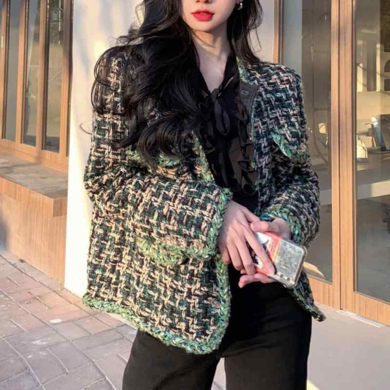 ジャケット レディース 春秋 格子柄 ツイード ショート丈 アウター 長袖 ゆったり 厚手 普段使い お出かけ