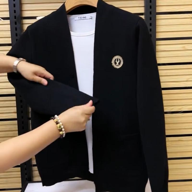 編み物 ジレー メンズ 年月 成人男性用 Vのど首 長袖 トップス か細い填まる 心地よい 今めかしい 黒 普段使い