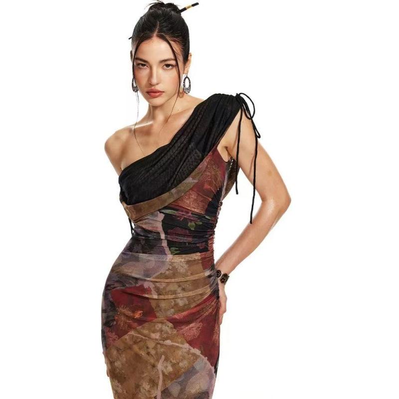 ワンピース レディース チャイナドレス風 魚尾スカート 花柄 ノースリーブ ロングワンピース チュール 高見え エレガント パーティードレス 結婚式 二次会 お呼ばれ スタイルアップ