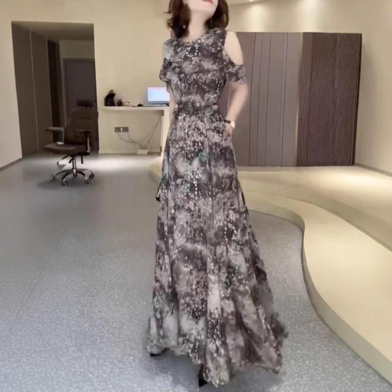 衣装 レディース 春夏 フレンチ表現スタイル オフショルダー 水墨画刷り上げる シフォン ロング衣装 たまり場 ポリエステル 半袖 ゆったり 可愛らしい M L XL 2XL 3XL