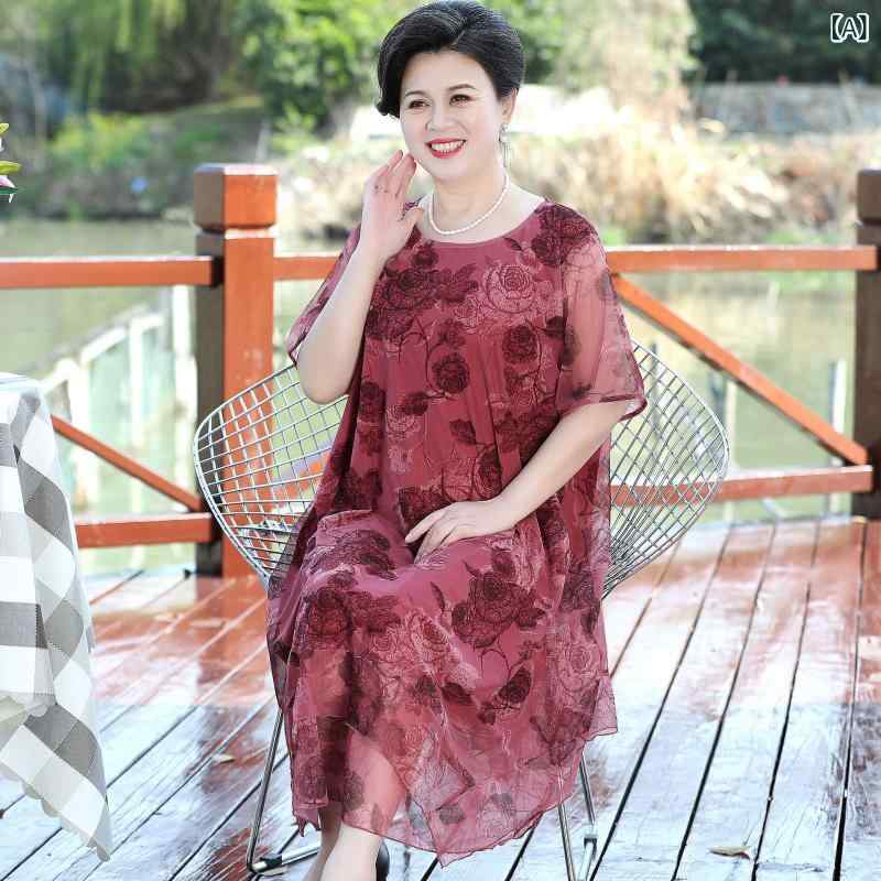 ワンピース レディース 大きいサイズ ママ 春夏 花柄 シフォン ゆったり 3XL 4XL 5XL 6XL 切り替え レッド グレー ポリエステル