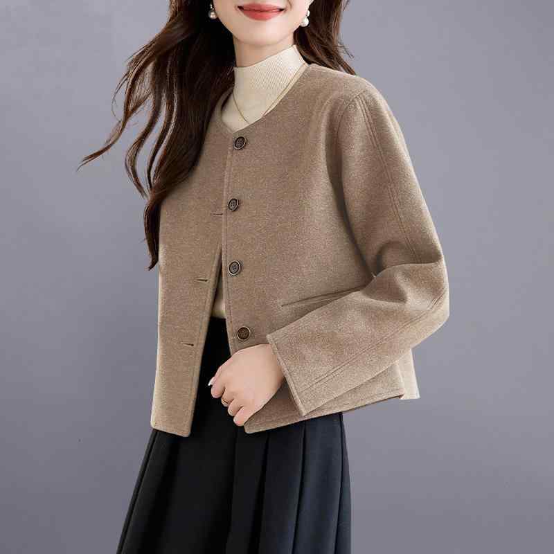 コート レディース 秋冬 ショート丈 丸首 ウール アウター きれいめ 上品 通勤 オフィス カジュアル ゆったり 厚手 暖かい オートミール色 グリーン コーヒー色
