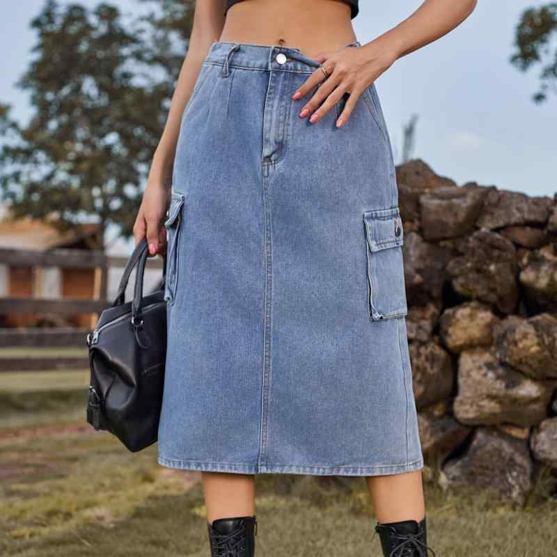 デニム スカート レディース ミモレ丈 ひざ下 Aライン 着痩せ ウォッシュ加工 カジュアル ストリート 春夏 デニムブルー カーキ ブラック アーミーグリーン