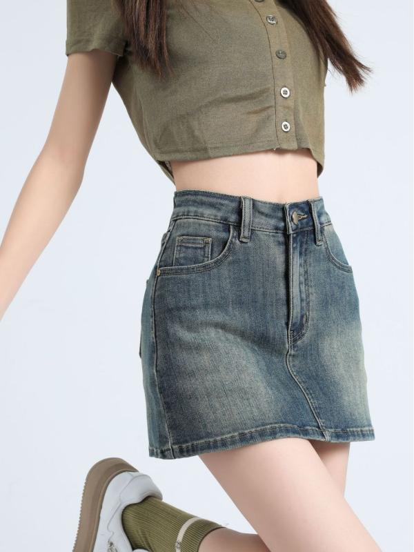デニム ミニスカート レディース Aライン ハイウエスト 着痩せ 美脚 カジュアル ストリート ダメージ加工 ウォッシュ加工 ヴィンテージ風 レトロ ブルー ブラック