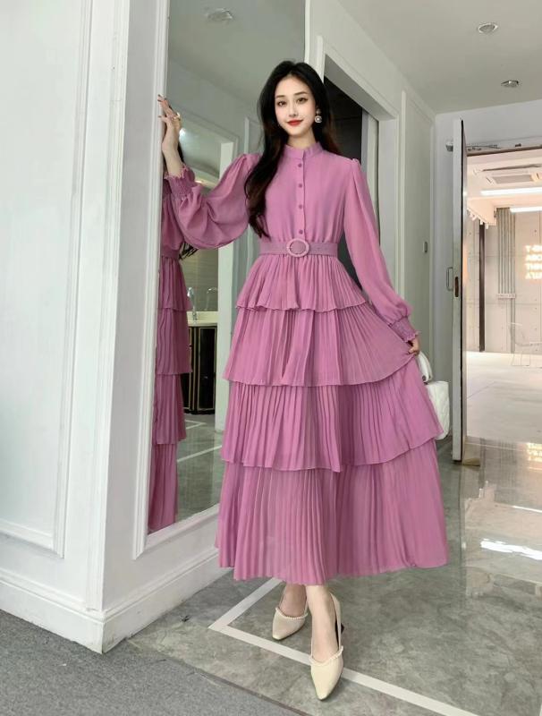 ワンピース レディース Aラインワンピース シフォンワンピース ロングワンピース 春秋 きれいめ ゆったり 長袖 高見え 無地 ピンク系 オレンジ レッド 紫 ブラック グリーン