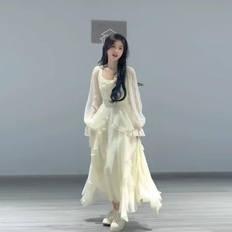 ワンピース レディース 春秋 プリンセス かわいい チュール 長袖 Aライン ロング 高見え きれいめ おしゃれ 切り替え パーティー 二次会 お呼ばれ 高見え